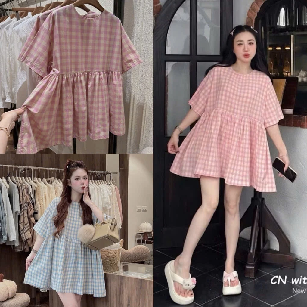 Áo Váy Babydoll Họa Tiết Kẻ Caro Ngắn Tay Cổ Tròn Đầm Bầu Dáng Ngắn Form Rộng
