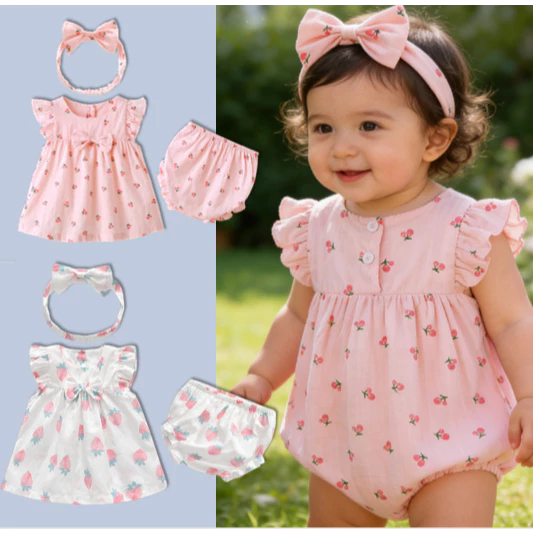 3pcs Set Baby Girl mùa hè áo quần áo không tay bông mềm onesie 0-24 M