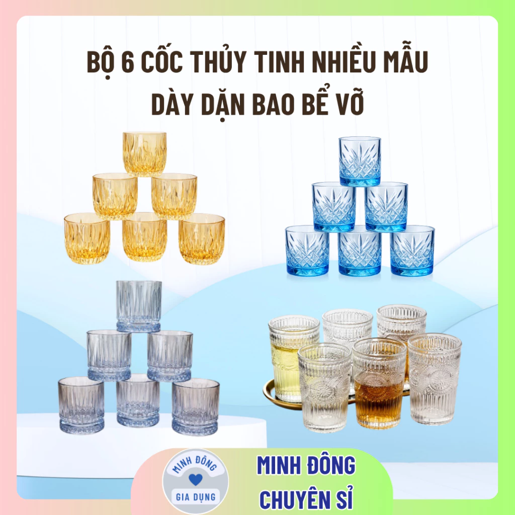 Bộ 6 cốc thủy tinh hiện đai cao cấp nhiều mẫu, Ly thủy tinh vân sóng xanh chịu nhiệt cao cấp 1 hộp 6 cốc