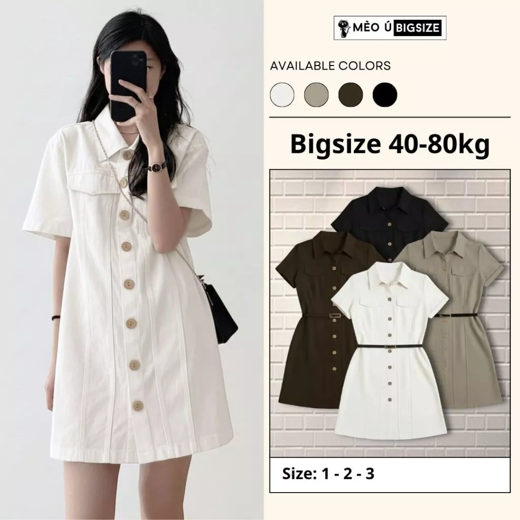 Đầm váy kaki nữ BIGSIZE Mèo Ú váy cổ sơ mi cộc tay cài cúc dáng suông basic phong cách Hàn Quốc 5800