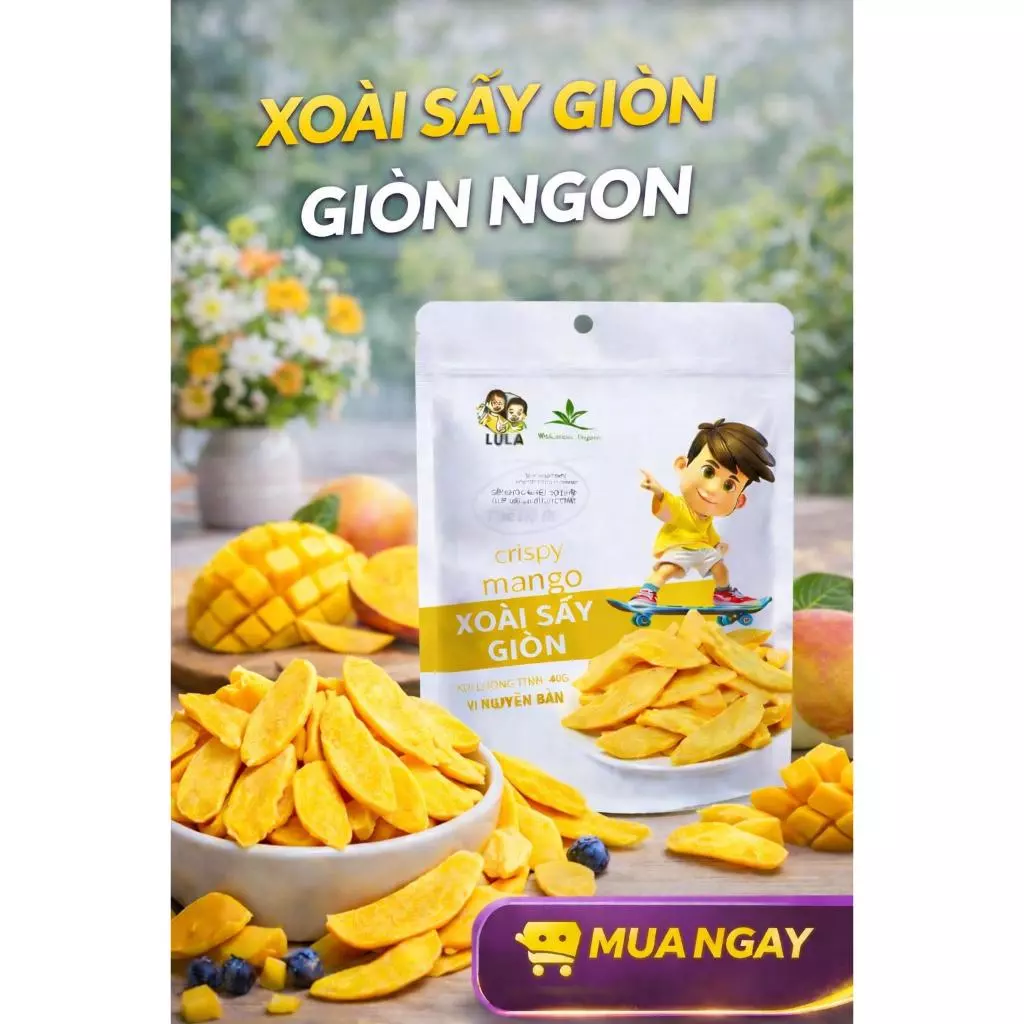 Xoài sấy giòn Wakamono Organic (40gam/gói) công nghệ sấy thăng hoa, chua chua ngọt ngọt