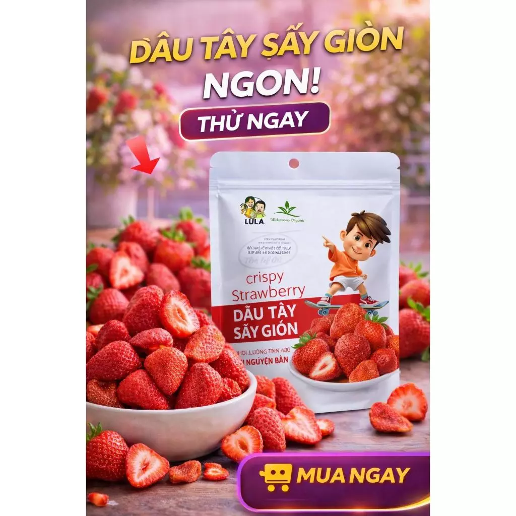 Dâu tây sấy giòn Wakamono Organic sấy lạnh thăng hoa, không đường, giòn tan, chua chua, ngọt ngọt.