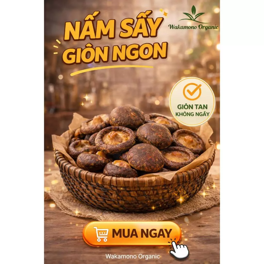 Nấm hương sấy giòn Wakamono Organic vị Truffle 55g/gói, không dầu, snack ăn vặt healthy giòn rụm