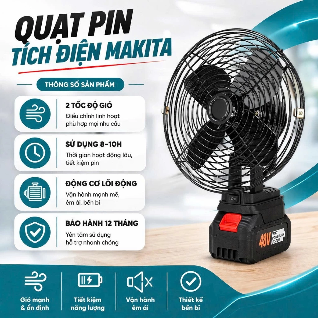 Quạt Tích Điện Để Bàn Dùng Pin MAKITA 8 Inch Công Suất Lớn, Làm Mát Cực Nhanh, Kết Cấu Chắc Chắn, Hoạt Động Mạnh Mẽ