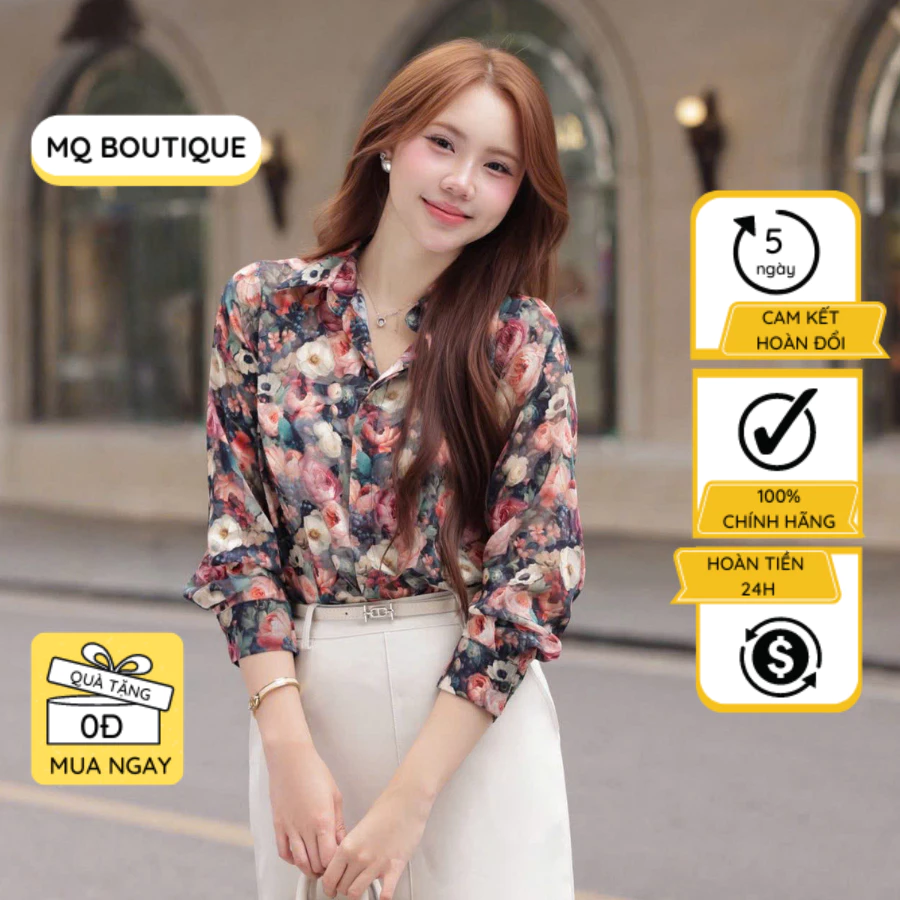 Áo sơ mi tơ hoa nhỏ dài tay thiết kế MQ Boutique công sở họa tiết hoa hồng Anh sang trọng cao cấp