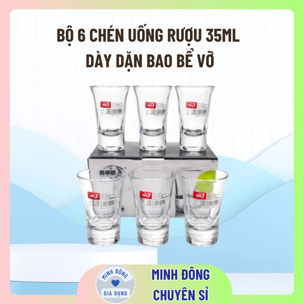 Bộ 6 chén uống rượu 35ml cao cấp, Chén uống rượu thủy tinh cao cấp dày dặn