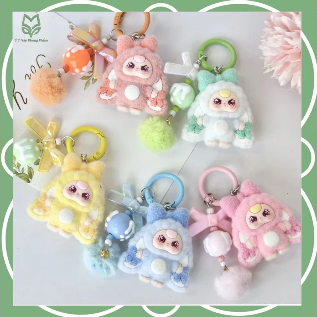 【Siêu Cute】Móc Khóa Lông Thỏ + Charm Baby Three – Phụ Kiện Ba Lô – Món Quà Ý Nghĩa