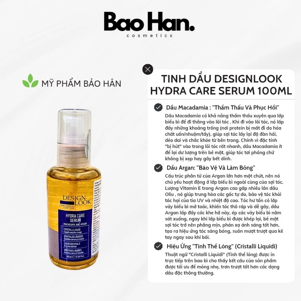 TINH DẦU DESIGNLOOK HYDRA CARE SERUM 100ML - PHỤC HỒI TÓC KHÔ XƠ, CHẺ NGỌN CHIẾT XUẤT TỪ ARGAN & MACCADAMIA