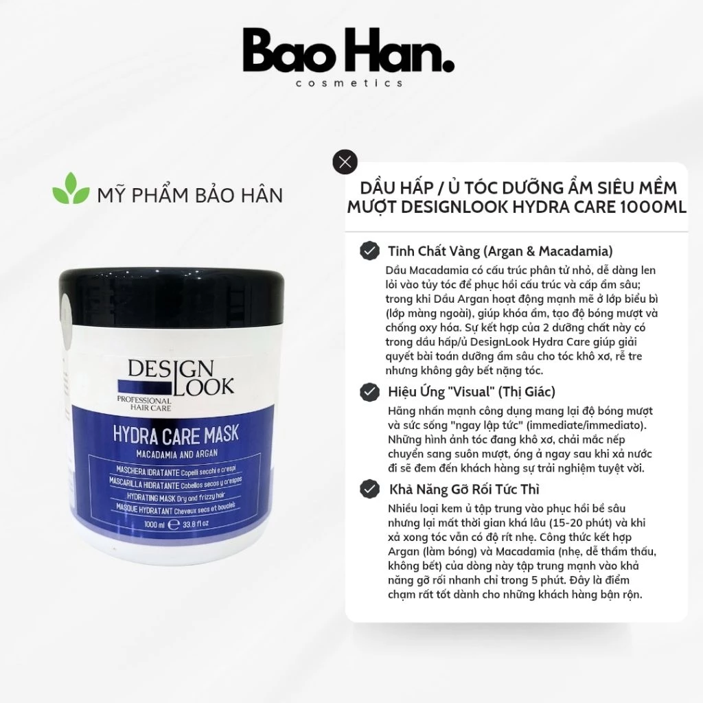 DẦU HẤP / Ủ TÓC DƯỠNG ẨM SIÊU MỀM MƯỢT DESIGNLOOK HYDRA CARE 1000ML - PHỤC HỒI, CẤP ẨM CHO TÓC KHÔ , XƠ RỐI , CHẺ NGỌN