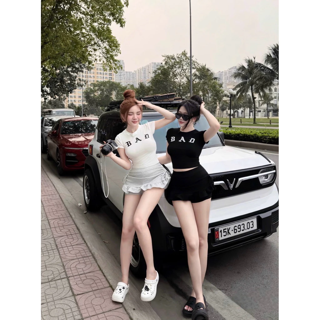 Sét áo bad hình in cộc tay mix chân váy rút dây eo phối diềm xoè ngắn sét 2 màu phong cách cá tính trẻ trung S19