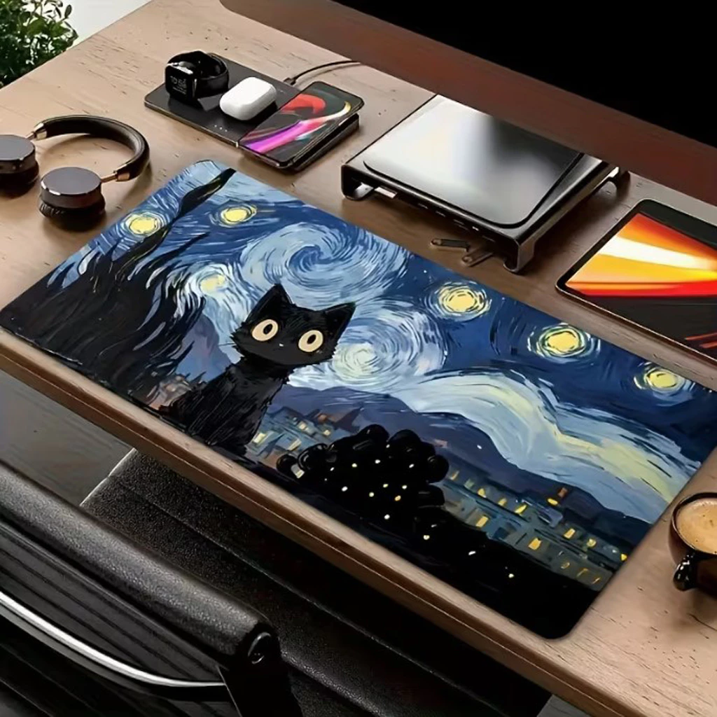 Lót Chuột Gaming Mèo Đen Starry Night – Mousepad Nghệ Thuật Cỡ Lớn, Bề Mặt Mịn, Chống Trượt