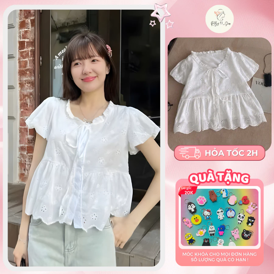 Áo babydoll mới tay bồng ren nơ cổ siêu xinh đáng yêu xinh xắn