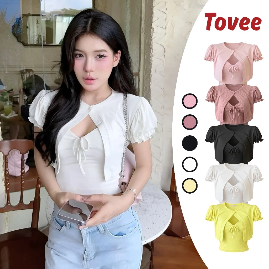SET CARDIGAN CROPTOP TAY PHỒNG Phối Áo 2 DÂY Thun Gân SET02, Set Áo Choàng Nữ Thắt Nơ Mùa Hè TOVEE