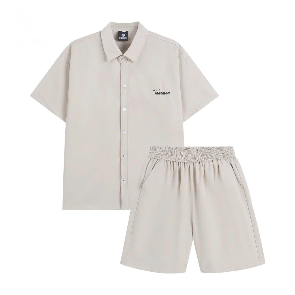 Bộ Quần Áo Nam Chất Kaki Hàn Cao Cấp Áo Sơ Mi Tay Ngắn + Quần Short Lưng Thun Form Rộng Thoáng Mát