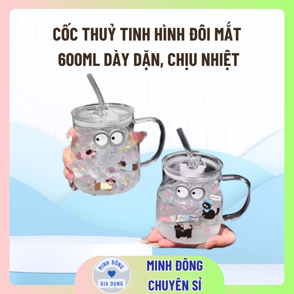 Cốc Thuỷ Tinh Hình đôi mắt Dung Tích 600ML Tặng Kèm Ống Hút THUỶ TINH