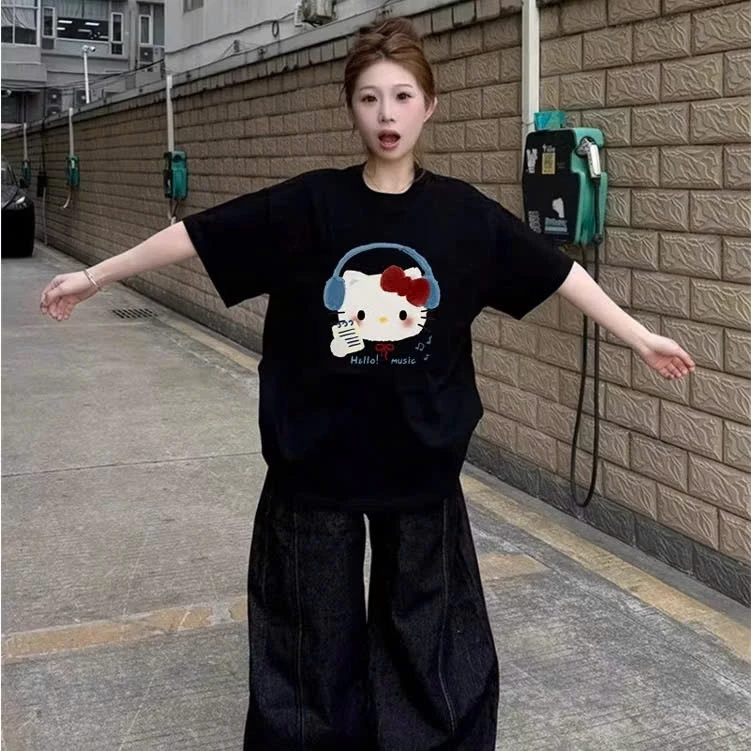 Áo thun phông nữ nam KONOVA form rộng dấu quần chất liệu cotton khô in hình KITTY MUSIC