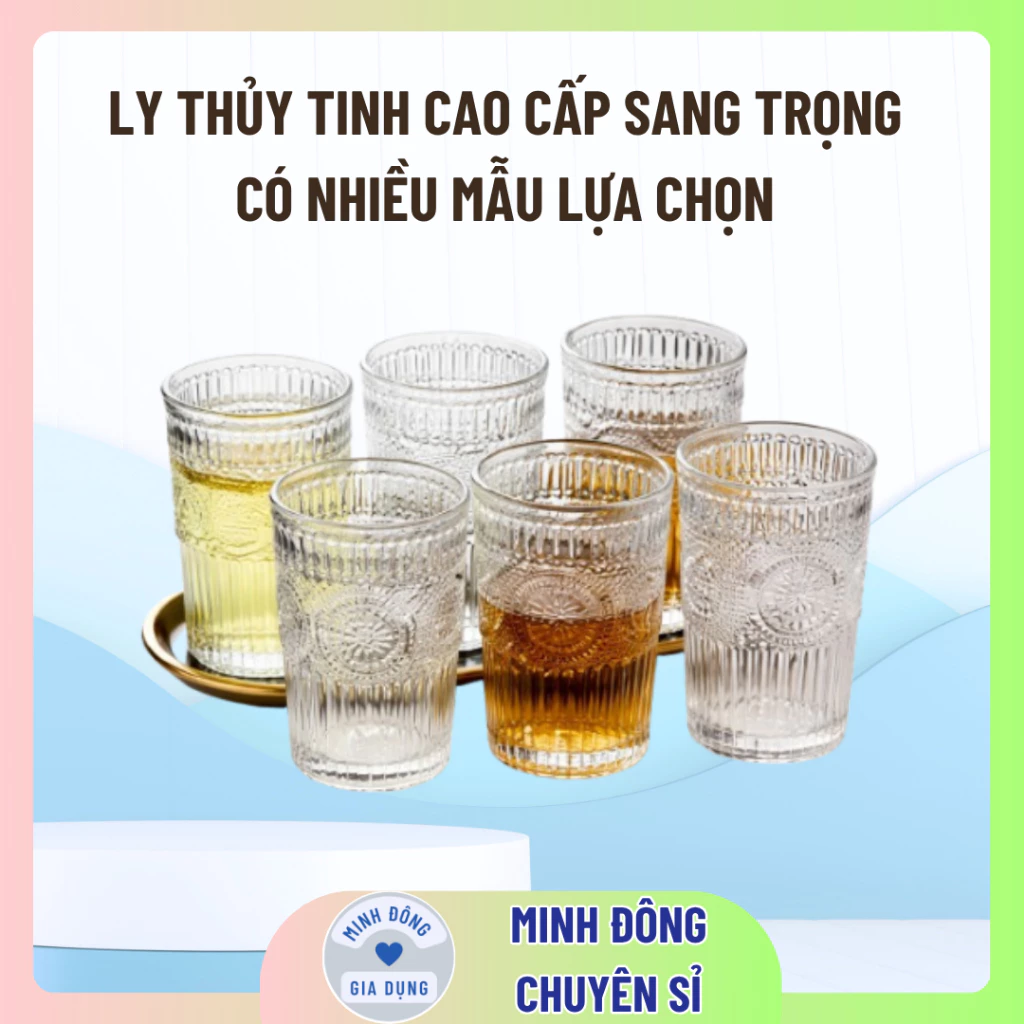 Cốc thủy tinh vân họa tiết mặt trời, ly thủy tinh cao cấp sang trọng và có nhiều mẫu lựa chọn