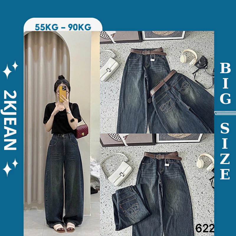 Quần suông ống rộng jean nữ trơn Bigsize 55-90kg, kiểu form boy thụng unisex hàng QC 2KJeans QC622