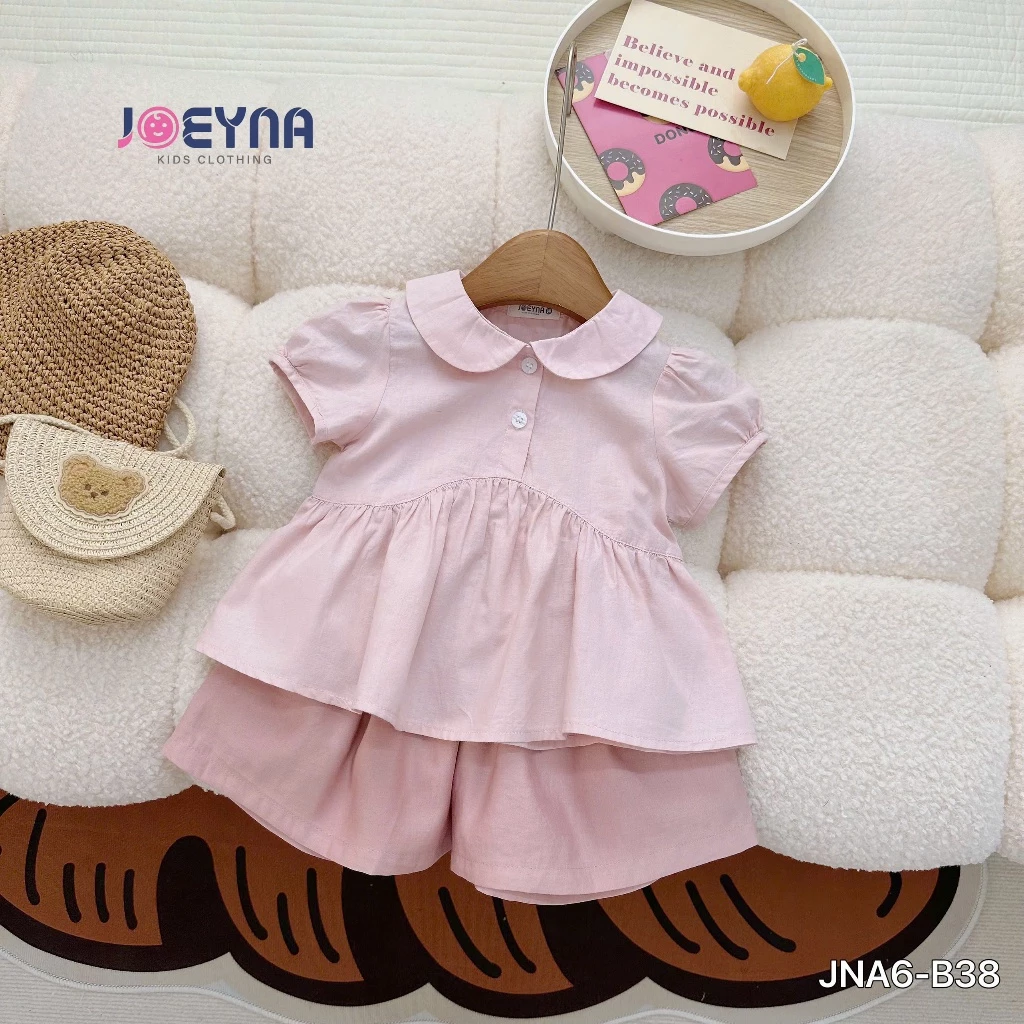 Bộ Quần Áo Babydoll Cổ Sen Phối Quần Đùi Hồng Xinh Xắn Cho Bé Gái Đi Học Đi Chơi Size từ 13-21 kg