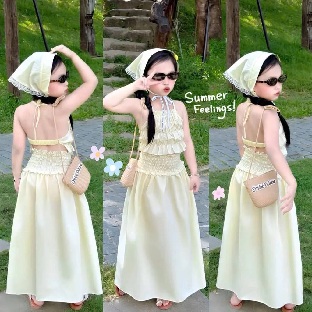 [Mb Tặng khăn ] G5 Set váy bé gái 3 chi tiết vàng chanh xinh xắn cho bé diện đi du lịch đi biển (10-30kg)