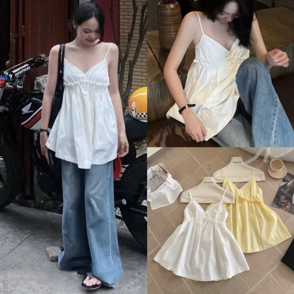 [Hàng sẵn] Áo hai dây thô cổ V dáng xoè Minchu Top 21192