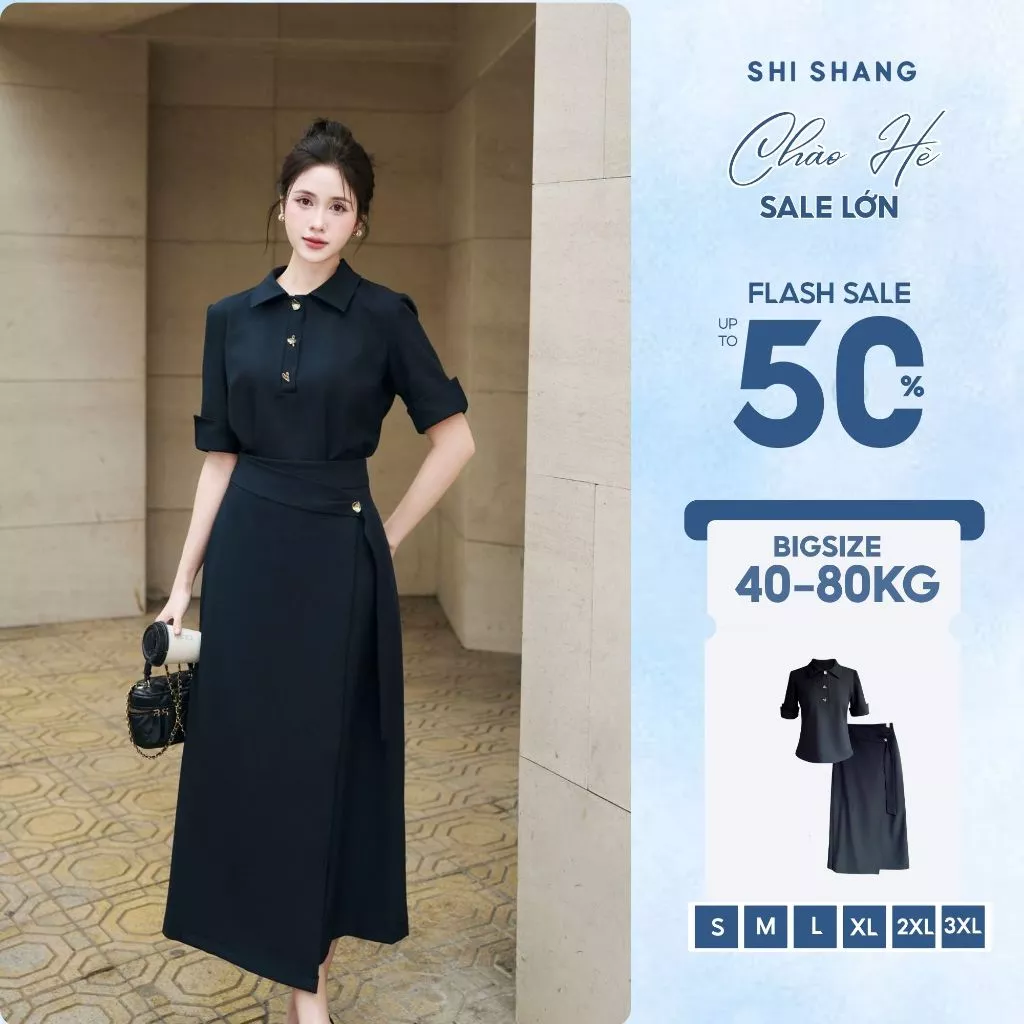 [𝐌𝐨̛́𝐢 𝐕𝐞̂̀] Set áo Cổ Đức Tay Lỡ Kèm Chân Váy Vạt Trước Chất Tuýt Si Thiết Kế Bigsize By Shi Shang