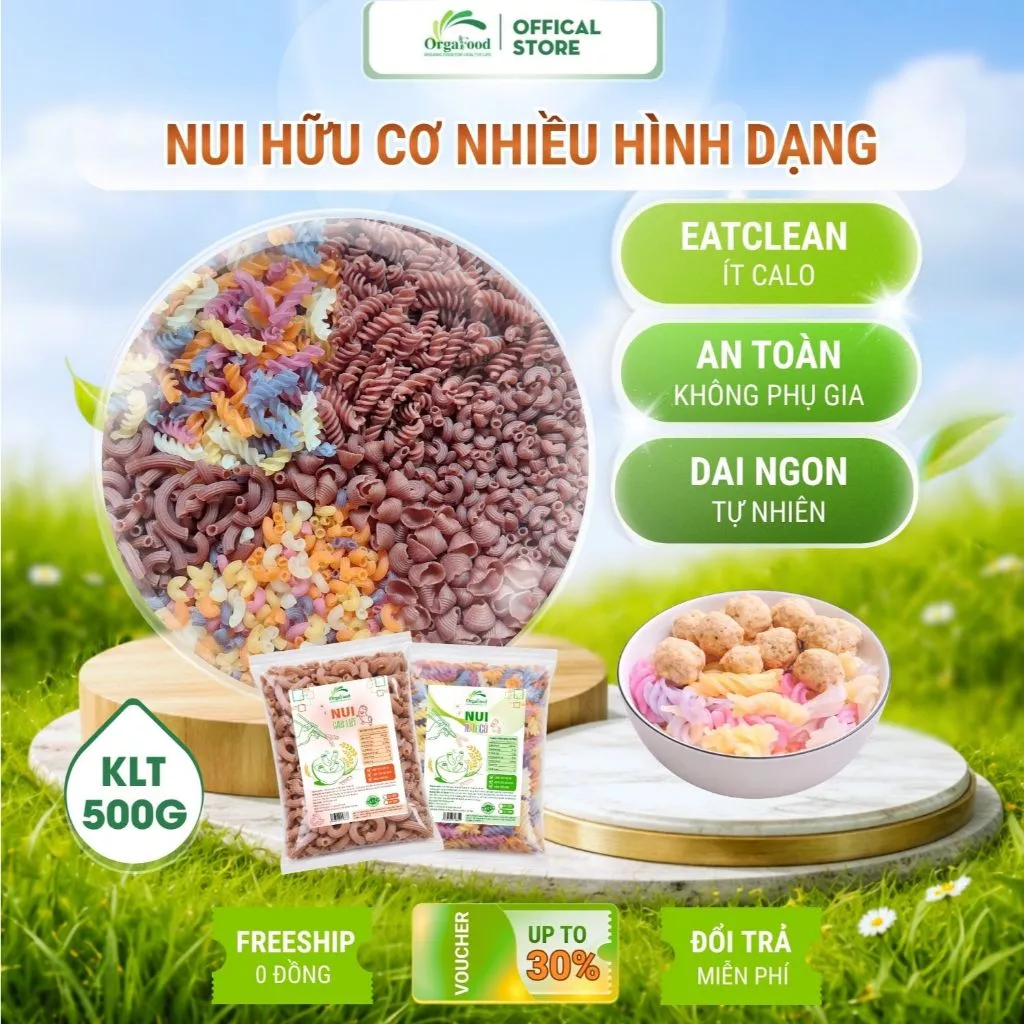 Nui gạo lứt, nui rau củ đầy đủ hình dạng 500g Orgafood, nui hữu cơ, ăn kiêng eatclean, bé ăn dặm