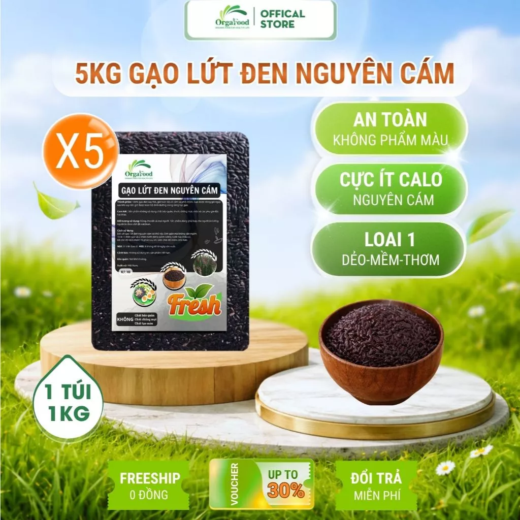 5kg Gạo lứt đen hữu cơ nguyên cám, dẻo mềm Orgafood, gạo lức ăn kiêng giảm cân, eatclean không cần ngâm