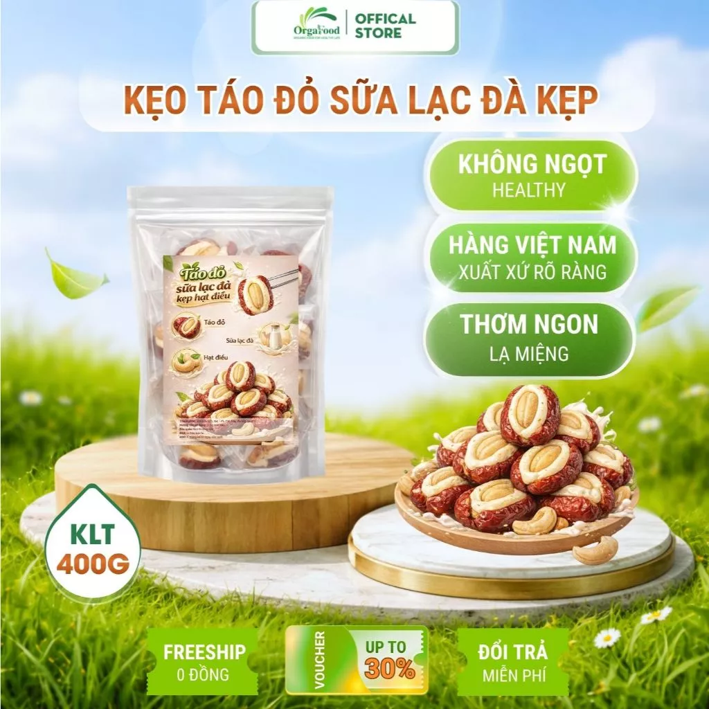 Kẹo Táo Đỏ Sữa Lạc Đà Nhân Hạt Điều Túi 400g – Ít Ngọt, Healthy, Đóng Gói Từng Viên