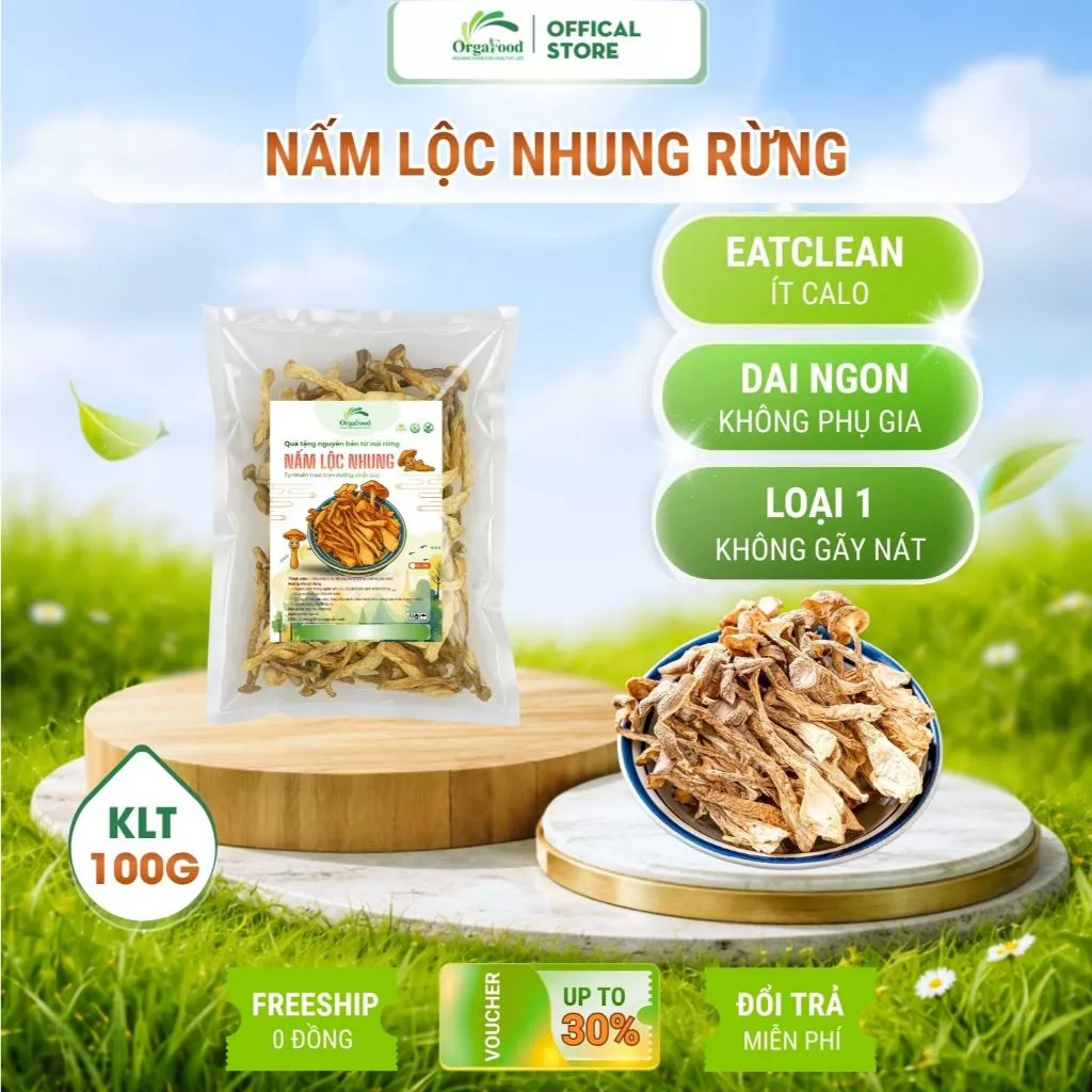 Nấm Lộc Nhung Khô Loại 1 Orgafood túi 100g – Nấm Rừng Tự Nhiên – Dày Thơm – Dùng Nấu Lẩu, Xào, Canh, Hầm
