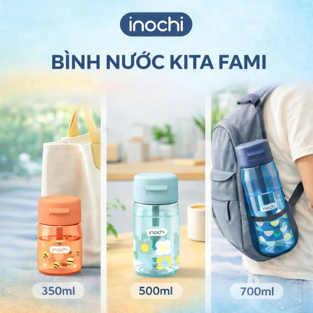 Bình Nước Kita Fami: Nhựa Tritan An Toàn, Chống Tràn, 3 Dung Tích (350/500/700ml)