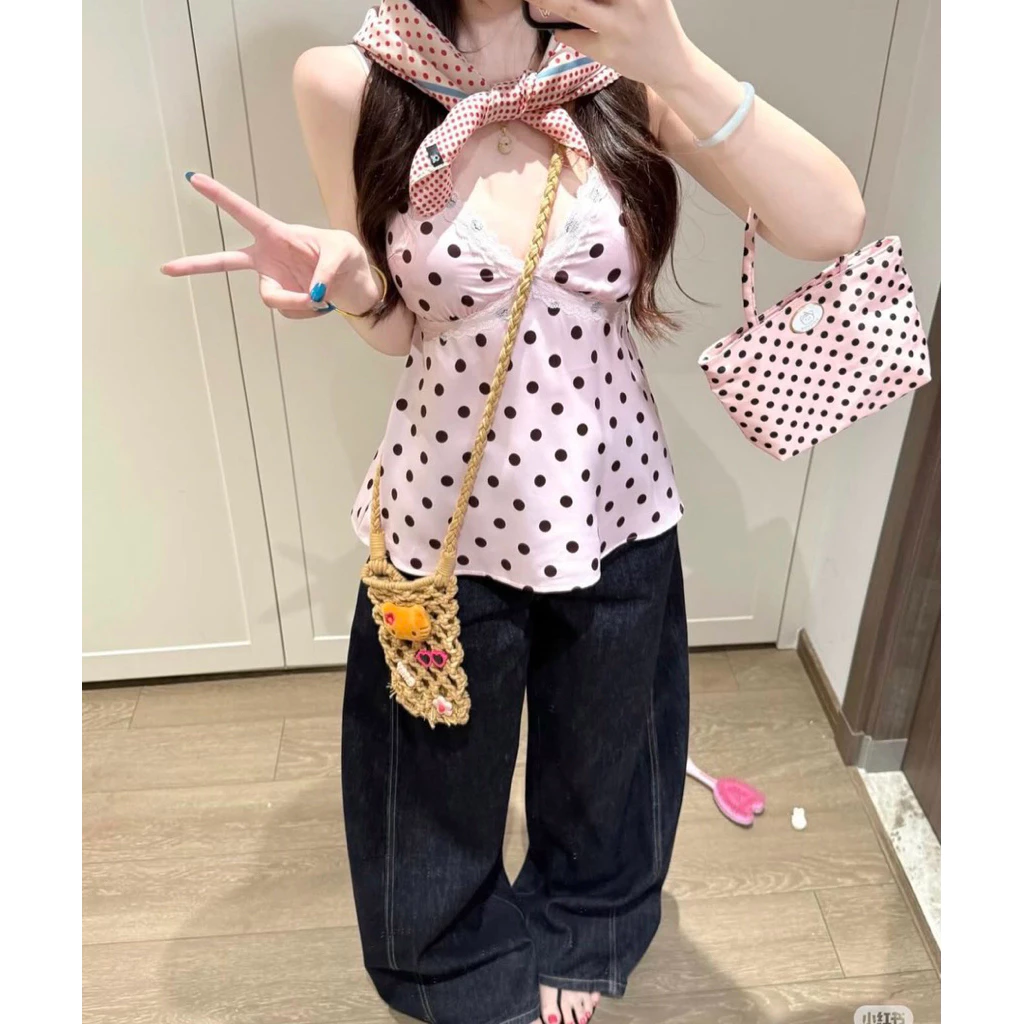 [26176] Áo yếm lụa hồng chấm bi phối ren sexy,gợi cảm cho nữ phù hợp du lịch, đi biển