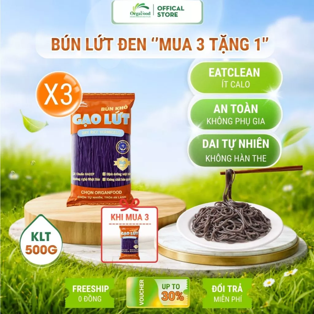Bún gạo lứt đen hữu cơ Orgafood 500g, bún lức eatclean, giảm cân, cho người tiểu đường