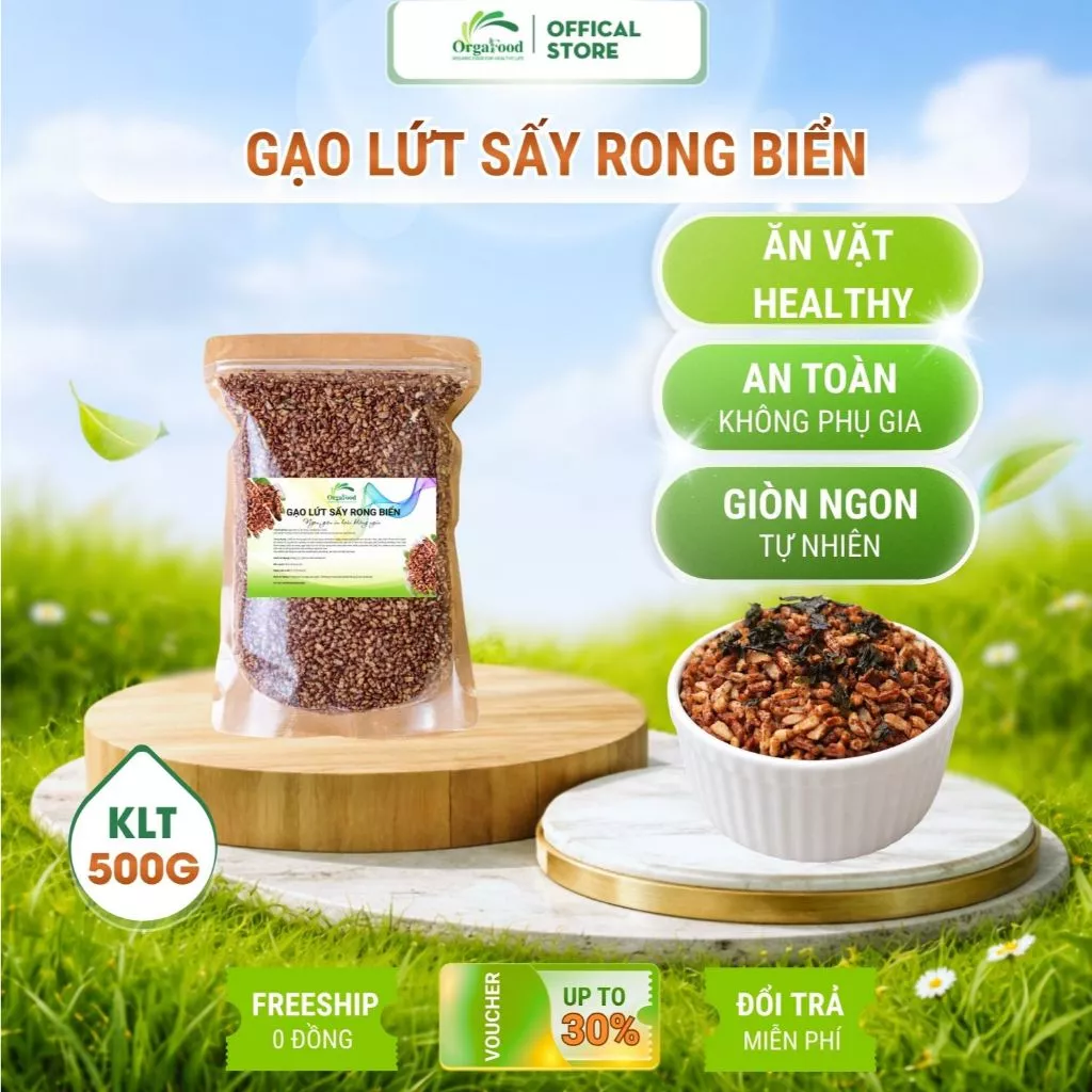 Gạo lứt sấy rong biển 500g Orgafood Eatclean ăn vặt healthy giảm cân, công nghệ sấy mới không dùng dầu cực ít calo