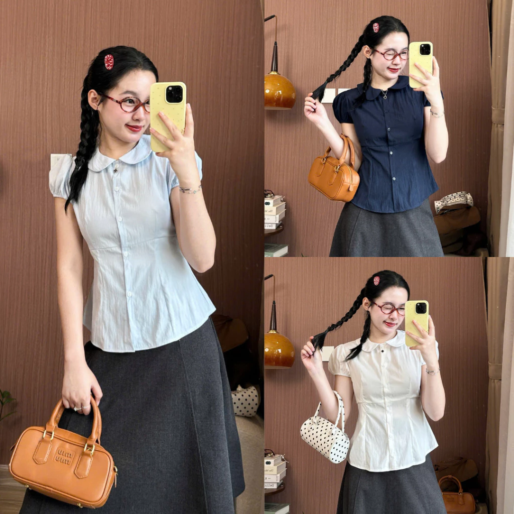 Áo sơ mi nữ cổ Peter Pan dáng ôm eo tay phồng tiểu thư Hàn Quốc Retrostyle SM250