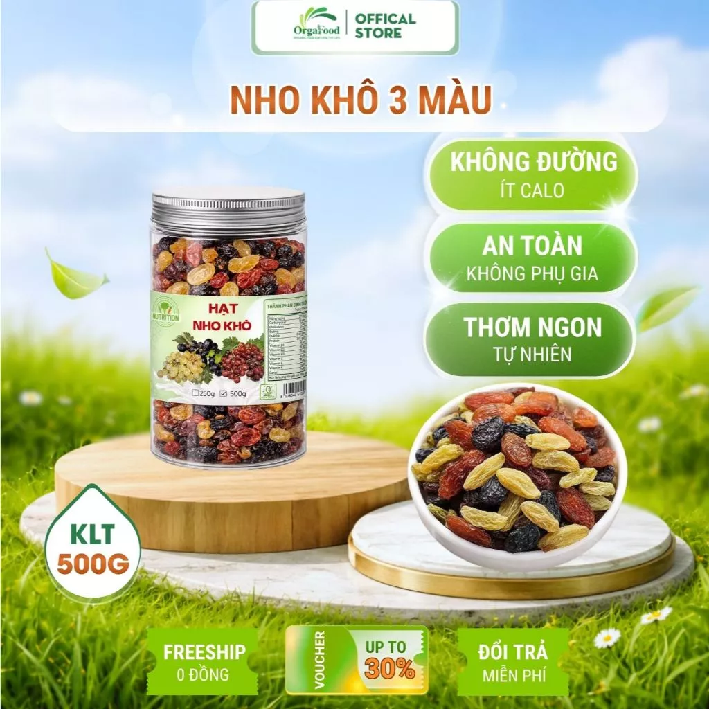 Nho khô không đường Orgafood sấy mọng Chua ngọt tự nhiên 500g - Da đẹp sáng mịn