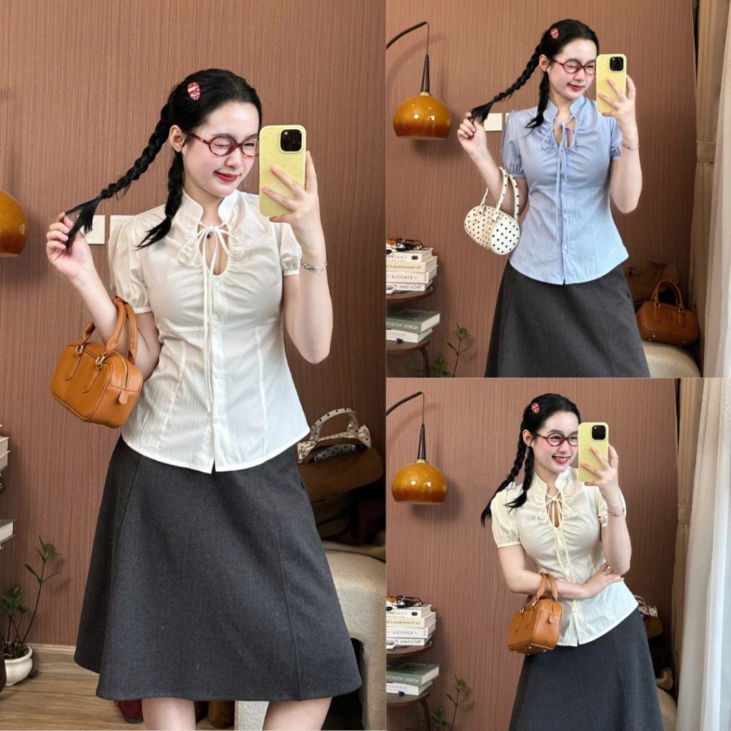 Áo kiểu nữ cổ dây rút nơ nhún ngực dáng ôm eo tiểu thư Hàn Quốc Retrostyle 158