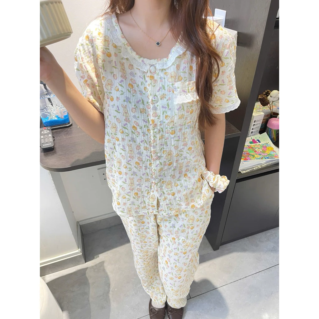 Bộ mặc nhà cổ ren xô muslin,màu thỏ vàng 38-75kg, vải mềm.mịn.thấm hút tốt.an toàn cho da,thoải mái cho giấc ngủ của bạn