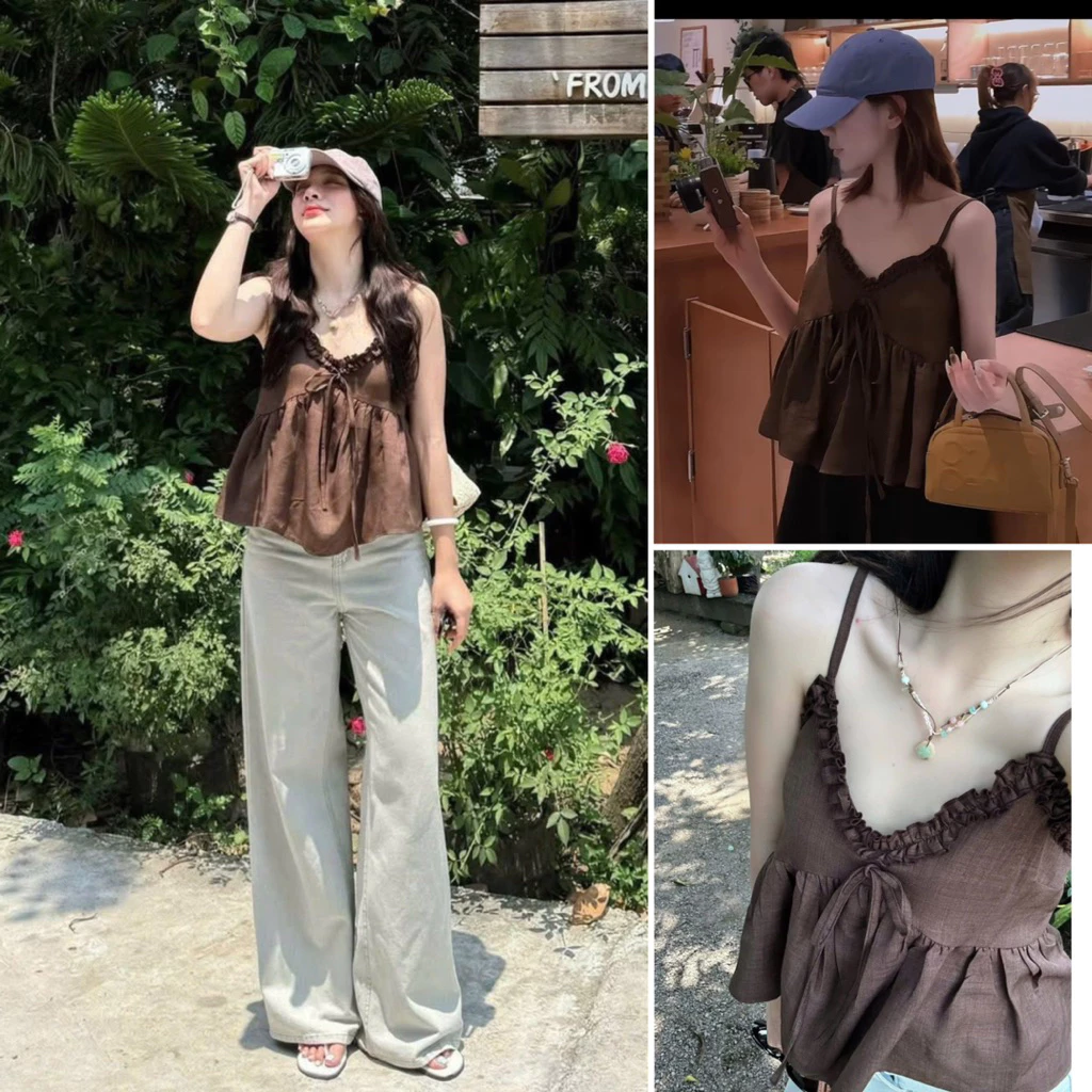 [ HÀNG SẴN ] Áo hai dây viền bèo đính nơ dáng ngắn tone nâu sáng da M116 Kenco Clothing Thời Trang Nữ