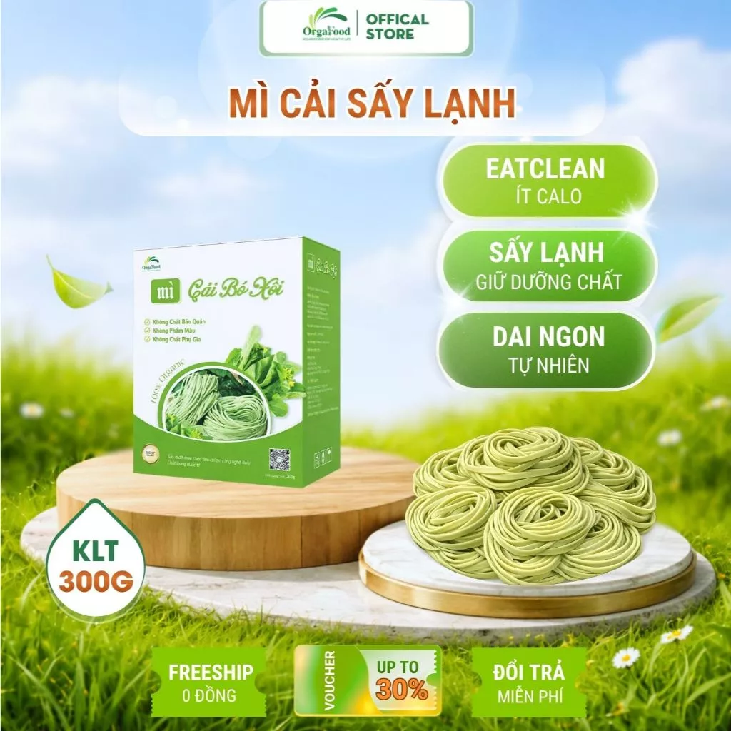Mì cải bó xôi Orgafood bản to túi 300g mì không chiên, eatclean, ăn kiêng giảm cân