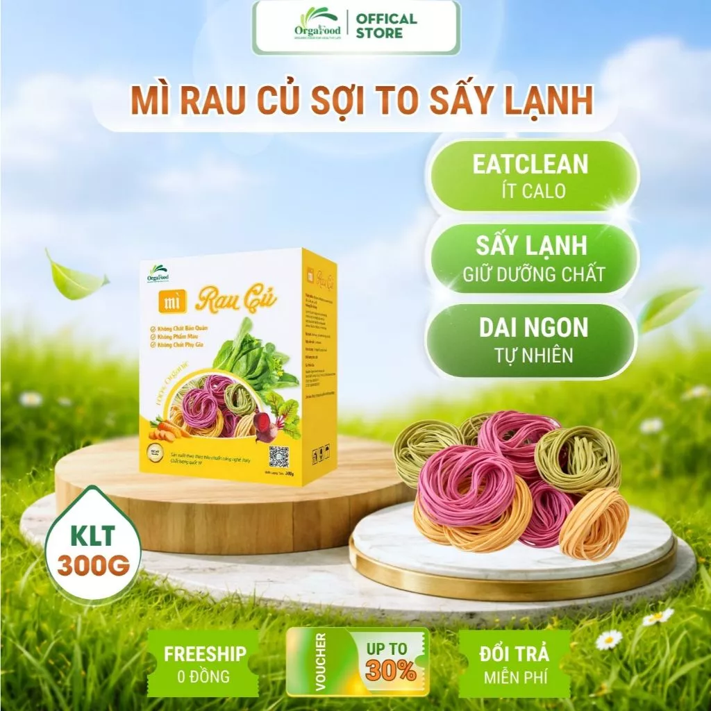 Mì rau củ bản to Orgafood hộp 300 gram 10 vắt, mì hữu cơ sấy lạnh không chiên qua dầu, ăn kiêng, eatclean, cho bé ăn dặm