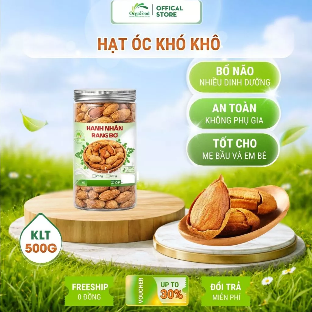 Hạnh nhân rang bơ vỏ mỏng loại 1 500g Nhập Khẩu Mỹ hạt hạnh nhân rang bơ thơm ngon Hạt dinh dưỡng Orgafood