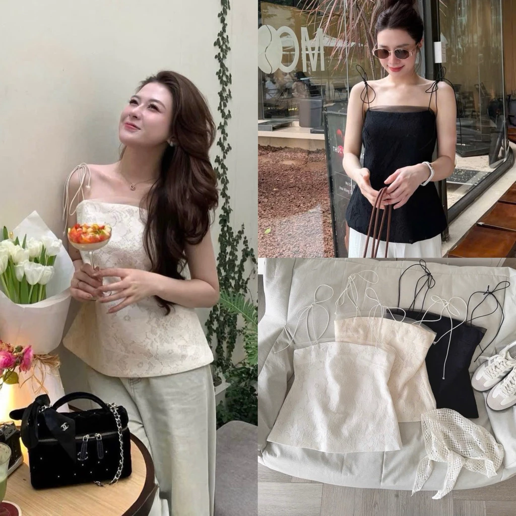 [Hàng Loại 1] Áo 2 dây nữ ren hoa nổi phối voan dáng suông thắt nơ vai CiCi Top - A3980