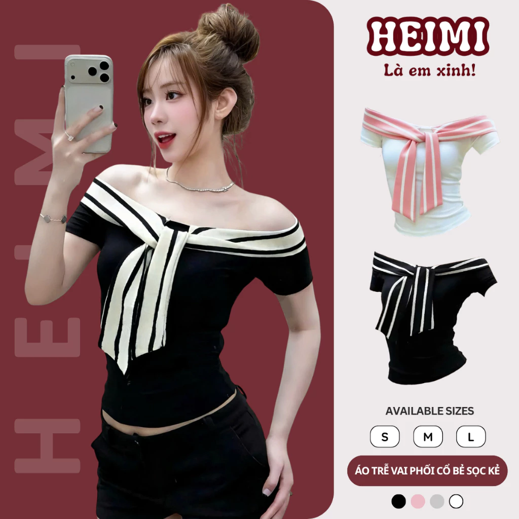Áo Trễ Vai Cộc Tay Thiết Kế Cổ Bẻ Dây Buộc Họa Tiết Sọc Kẻ Chất Thun Cotton Mịn Mát Co Giãn HEIMI