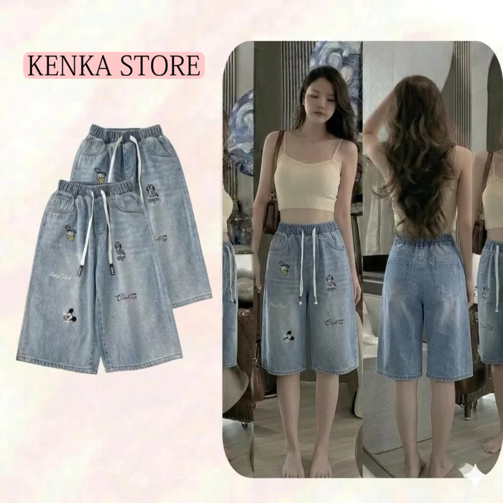 Quần Ngố Lửng thêu hoạt hình dài 60cm, Cạp Chun Co dãn, Jeans trơn, rách, thêu thời trang