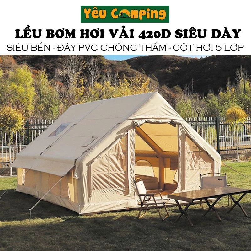 Lều cắm trại Glamping 4-6 người khung bơm hơi vải chuẩn 420D dày bền