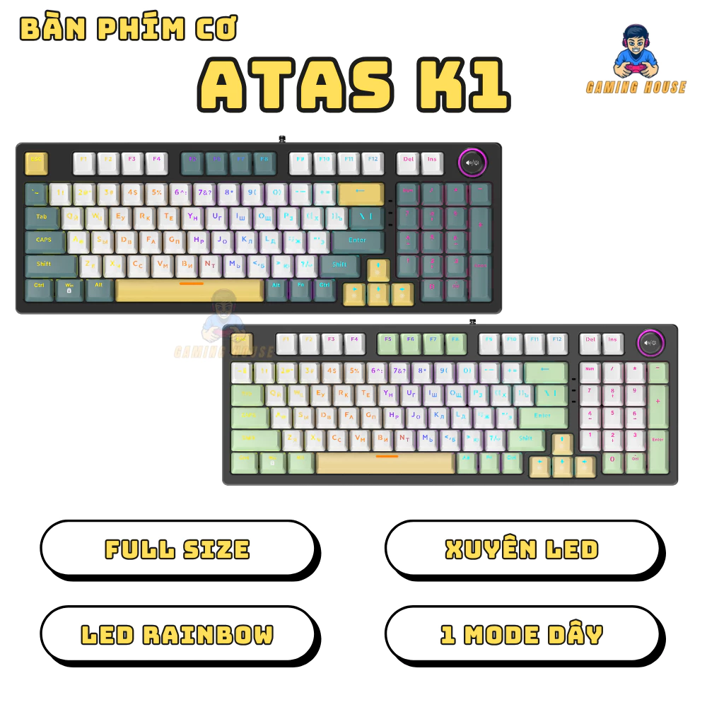 Bàn phím cơ gaming ATAS K1 - Full Size - Có núm xoay - LED Cầu Vồng - Xuyên LED - Trục Brown Switch