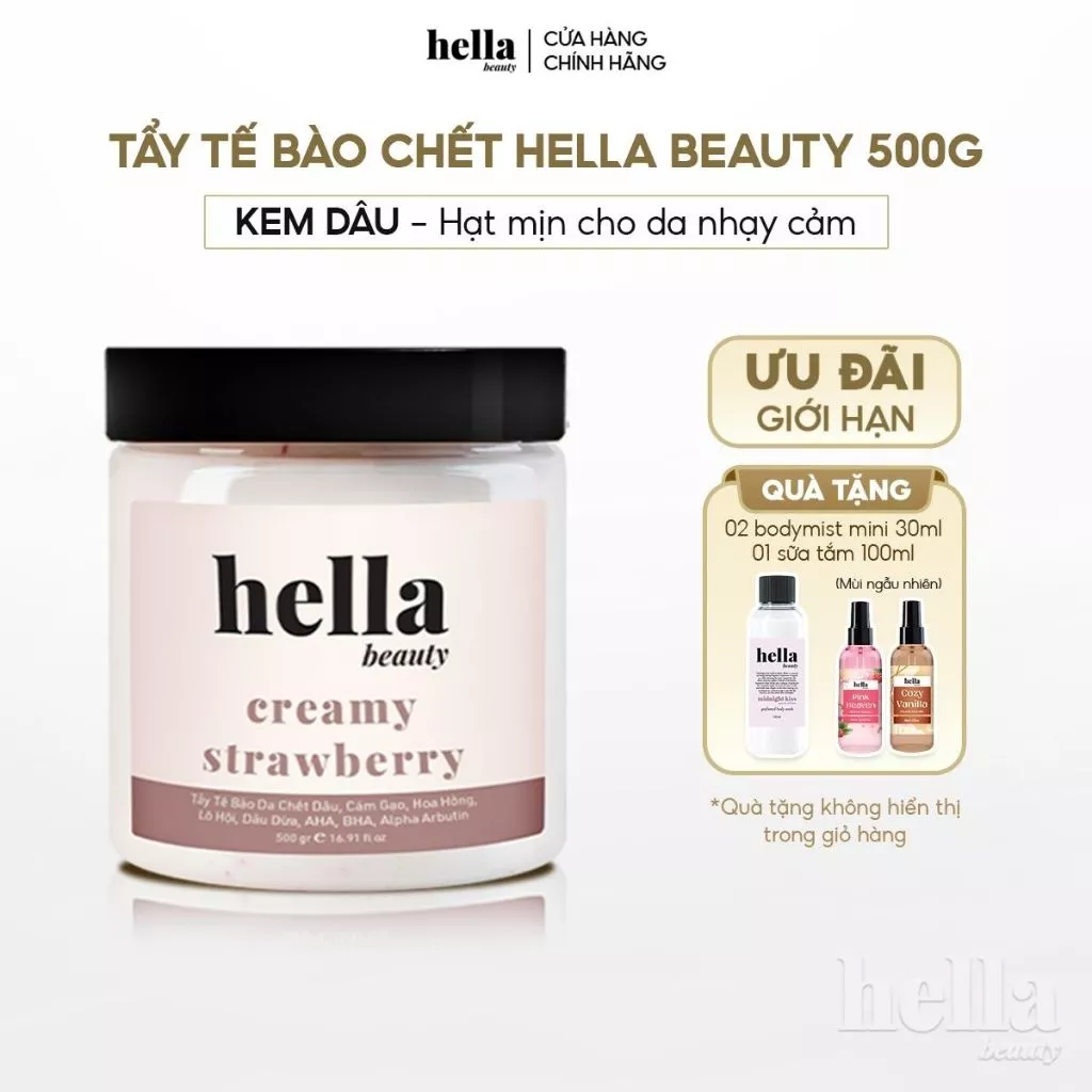 Tẩy tế bào chết body kem dâu Hella Beauty 500g giúp làm sạch sâu hỗ trợ dưỡng sáng da