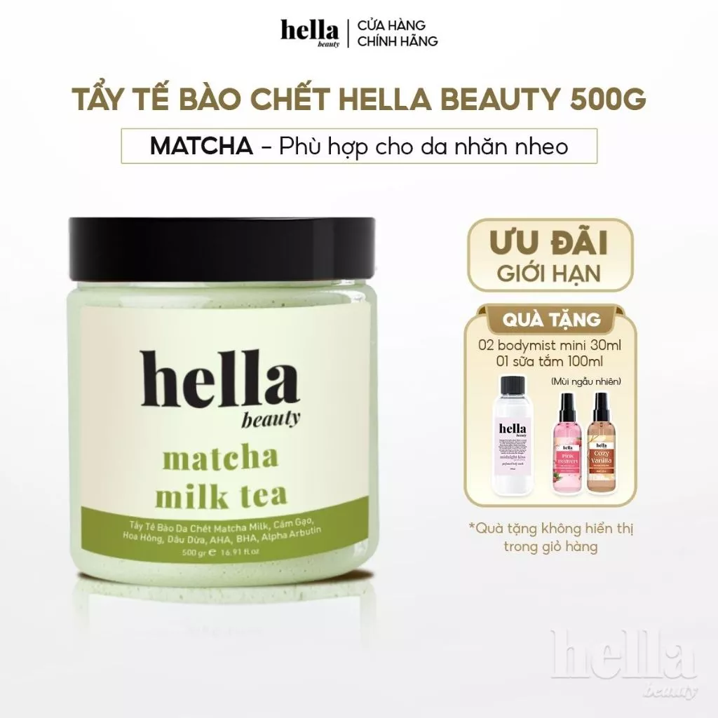 Tẩy tế bào chết body matcha Hella Beauty 500g giúp làm sạch sâu hỗ trợ chống oxy hóa