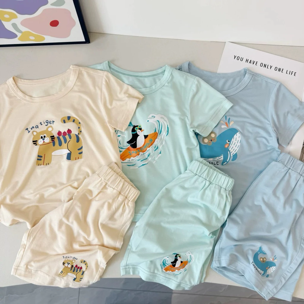 Bộ đồ trẻ em mùa hè cotton mát, áo thun quần short bé trai bé gái hình thú dễ thương, co giãn thoáng mát, hot trend 2026